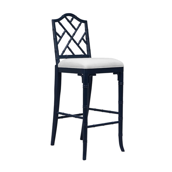 Lloyd Matte Navy Lacquer White Linen Chippendale Style Bamboo Bar Stool, image 1